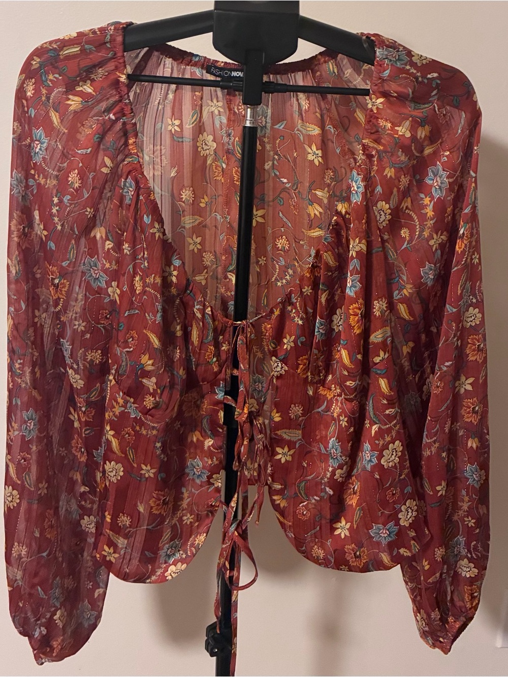 Fashion Nova Burgundy Floral Tie-Front Sheer Blouse